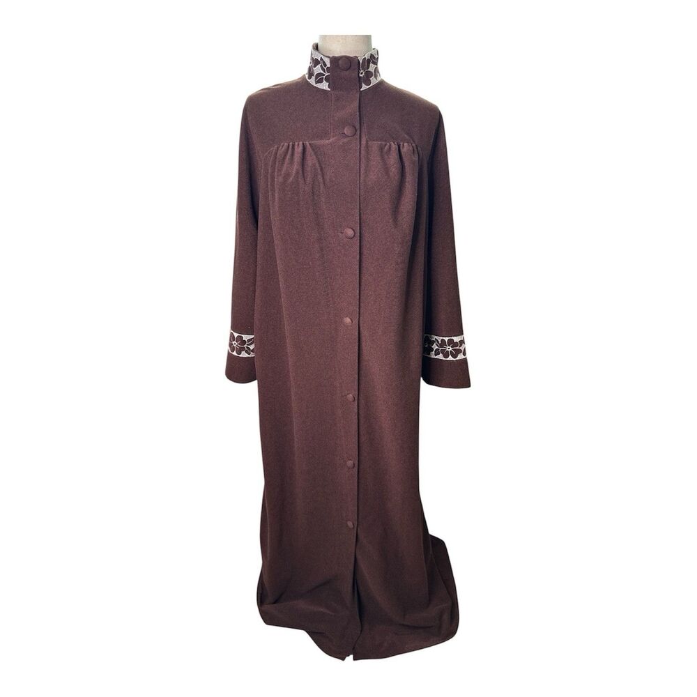 Vassarette Robe Housecoat Mumu Chocolate Brown Maxi Sz M Floral Embroidery Vntg
